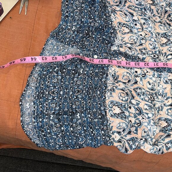 Lucky Brand S Blue & Peach Floral Paisley Midi Dress Short Sleeve Button Front - Picture 8 of 9